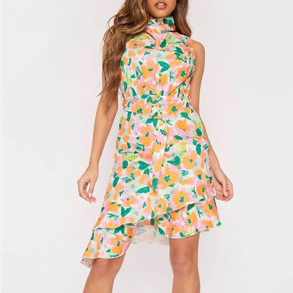 Pretty Little Thing Green Floral Belted Asymmetric Frill Hem Midi Dress size 4